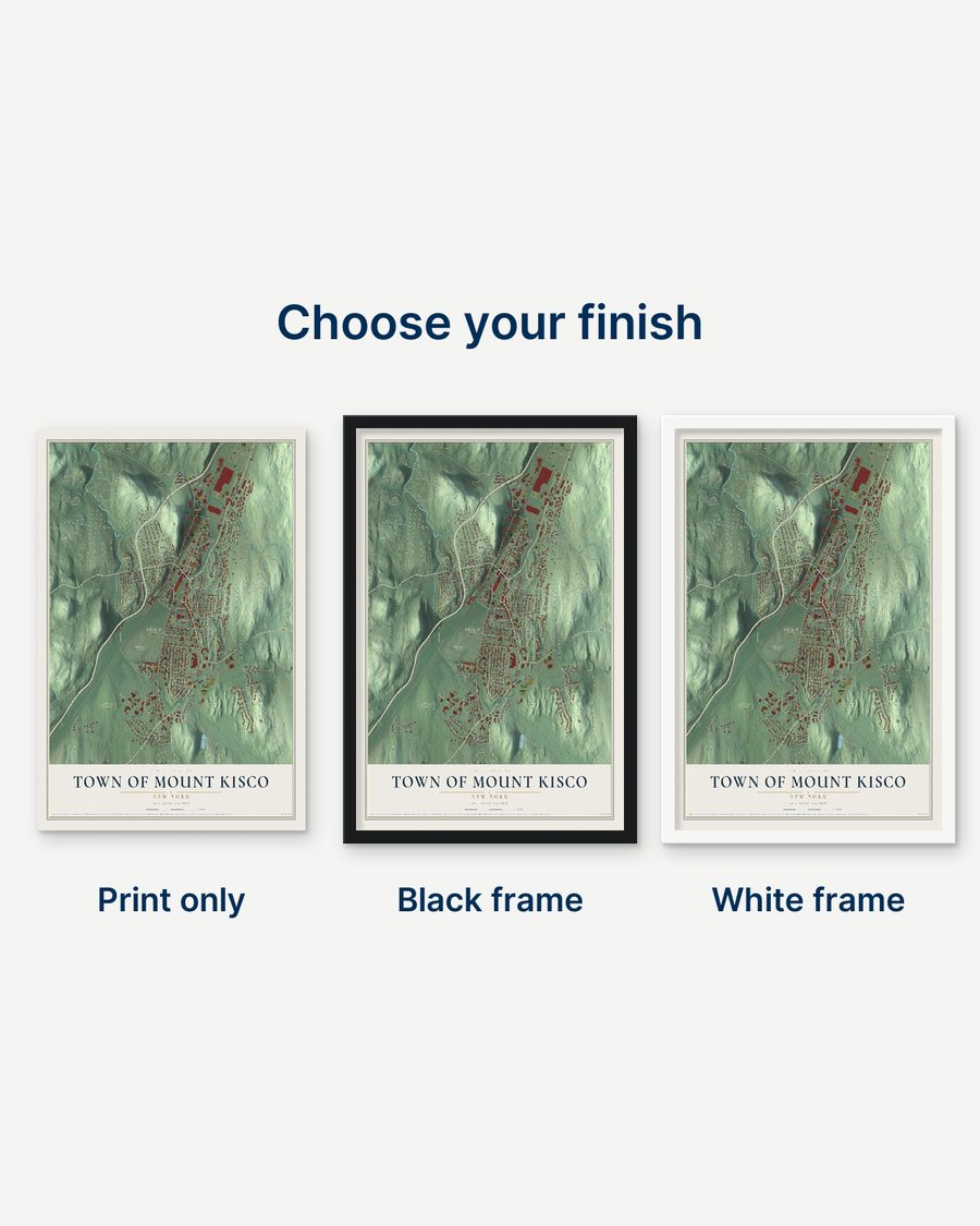 The Town of Mount Kisco, New York map as a print only, in a black frame and in a white frame