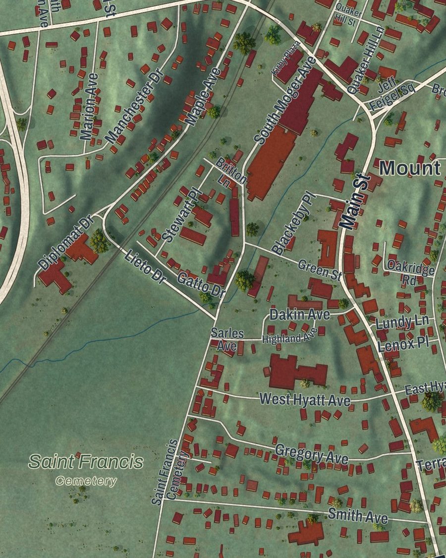 Close-up of Town of Mount Kisco streets on the map