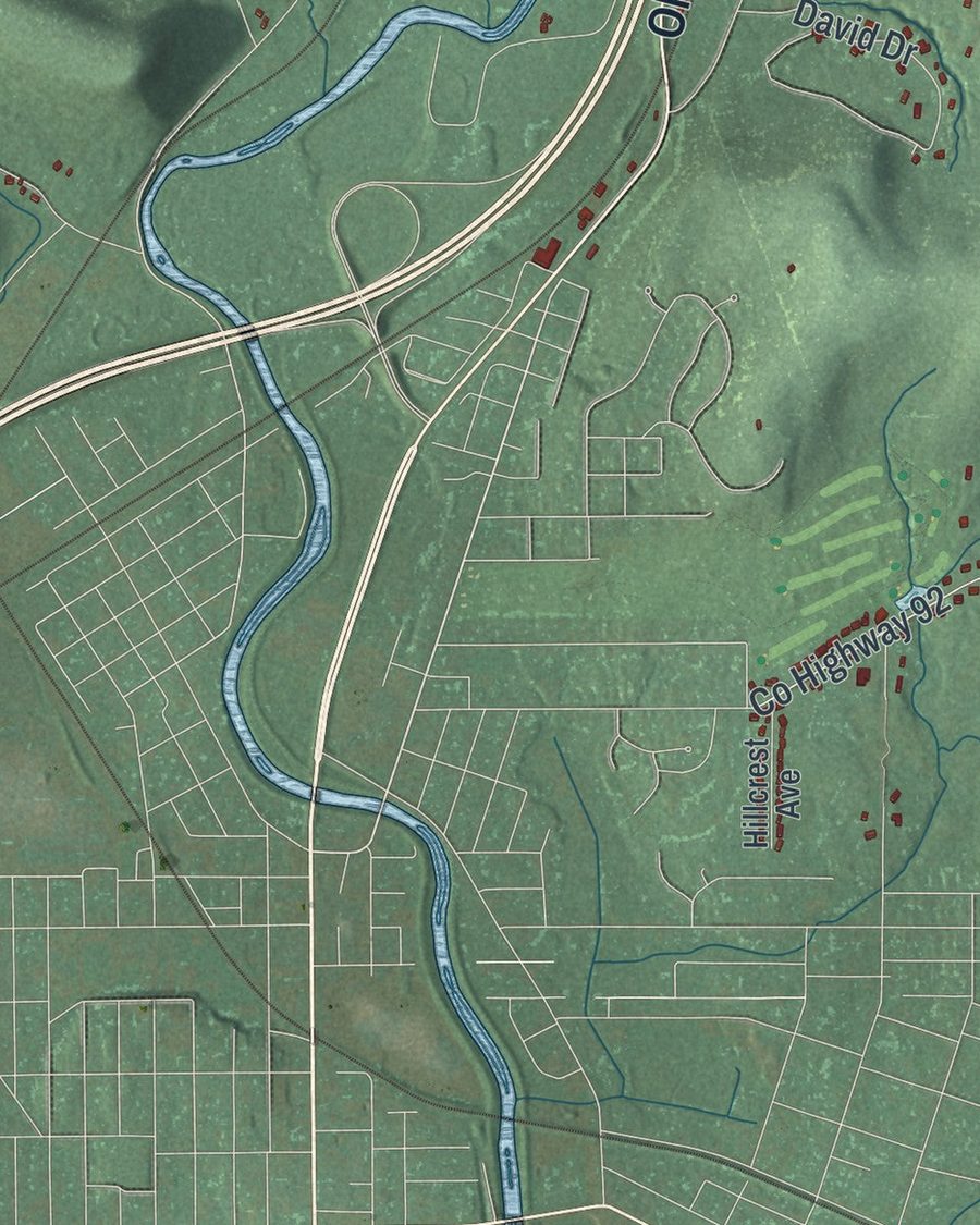 Close-up of Town of Olean streets on the map