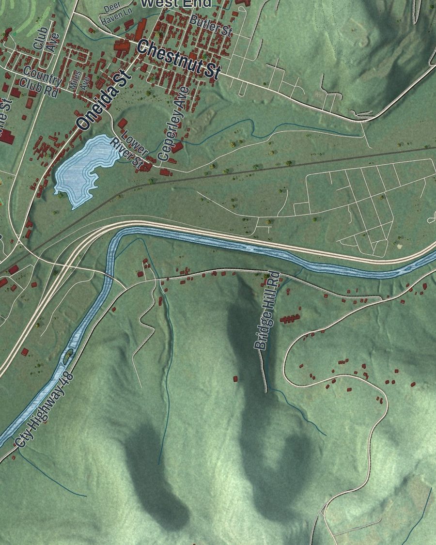 Close-up of Town of Oneonta streets on the map