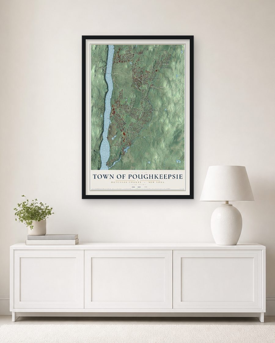 The Town of Poughkeepsie, Dutchess County, New York map, 24 x 36 in, in a black wood frame on a living room wall