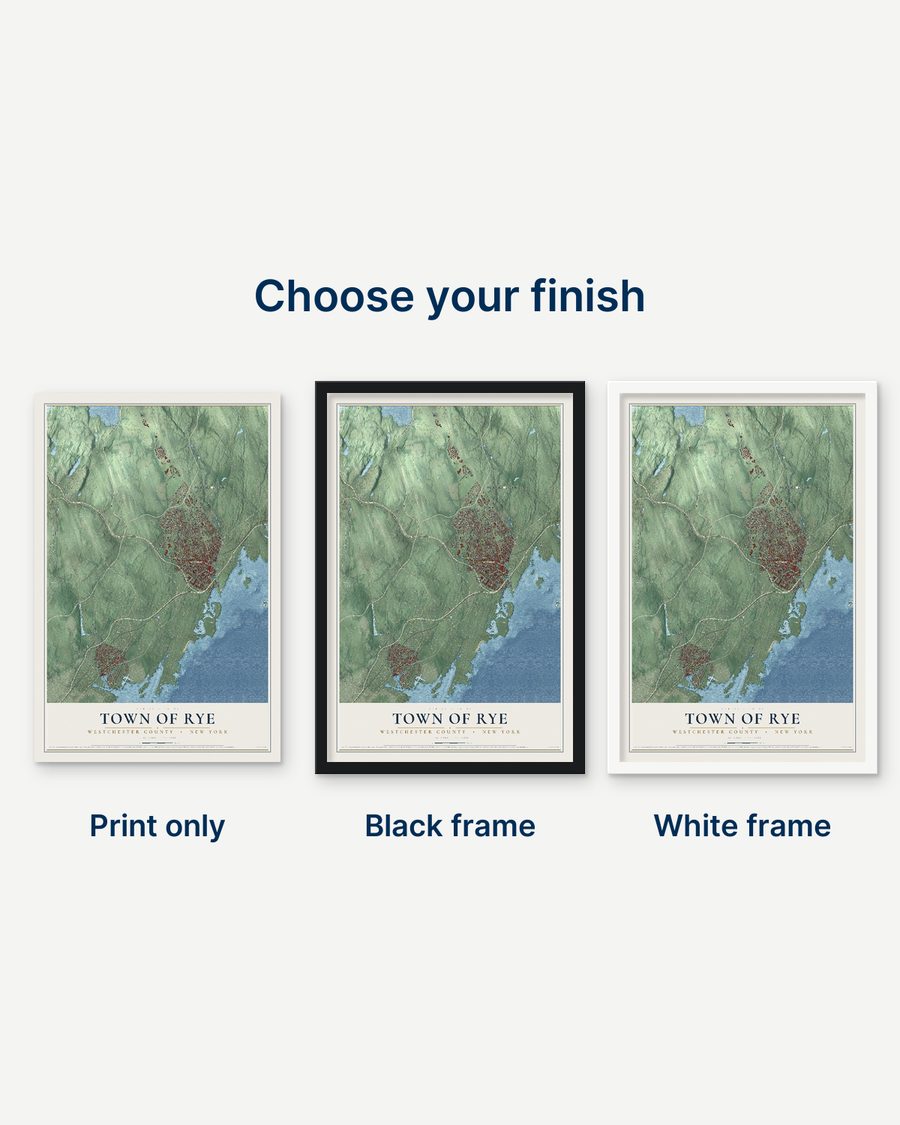 The Town of Rye, Westchester County, New York map as a print only, in a black frame and in a white frame