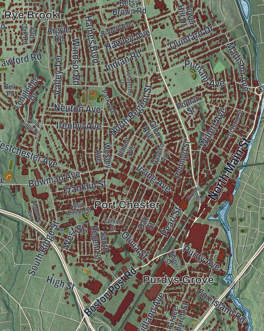 Close-up of Town of Rye streets on the map
