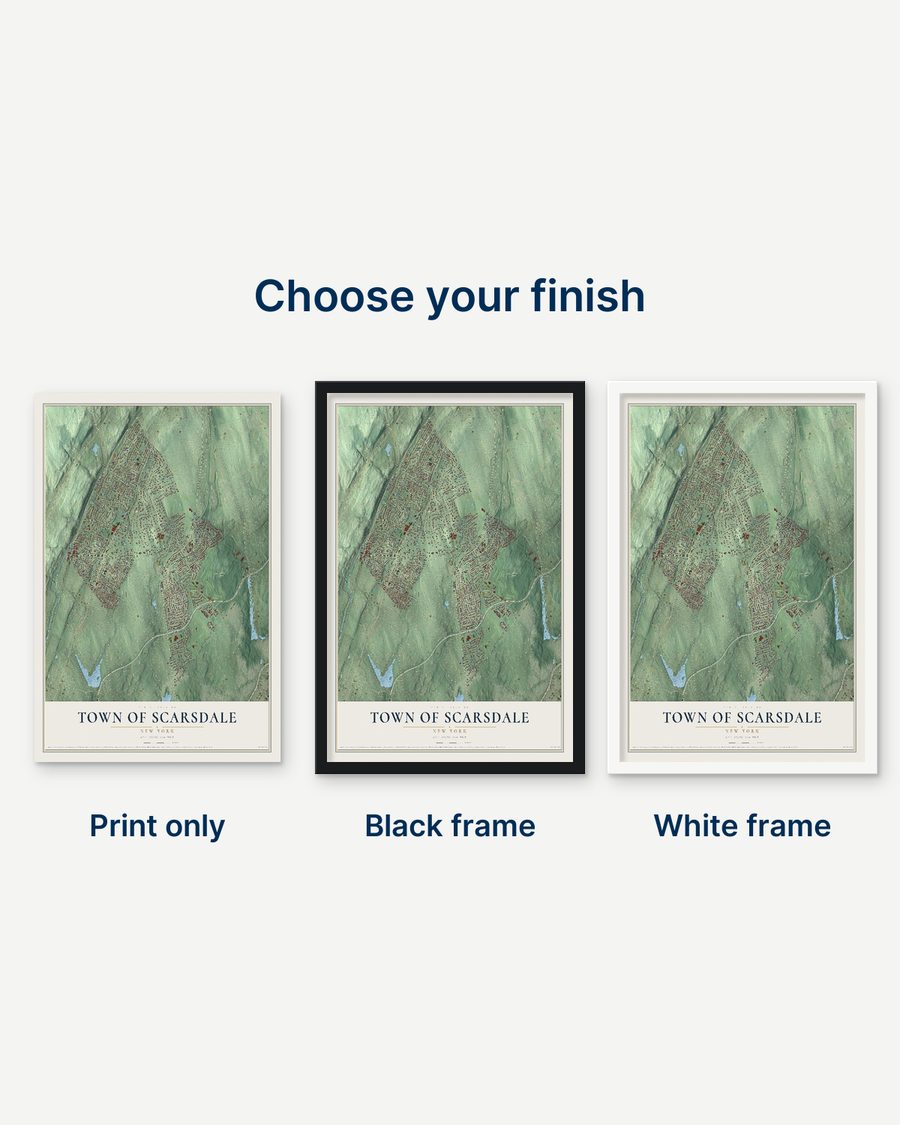 The Town of Scarsdale, New York map as a print only, in a black frame and in a white frame