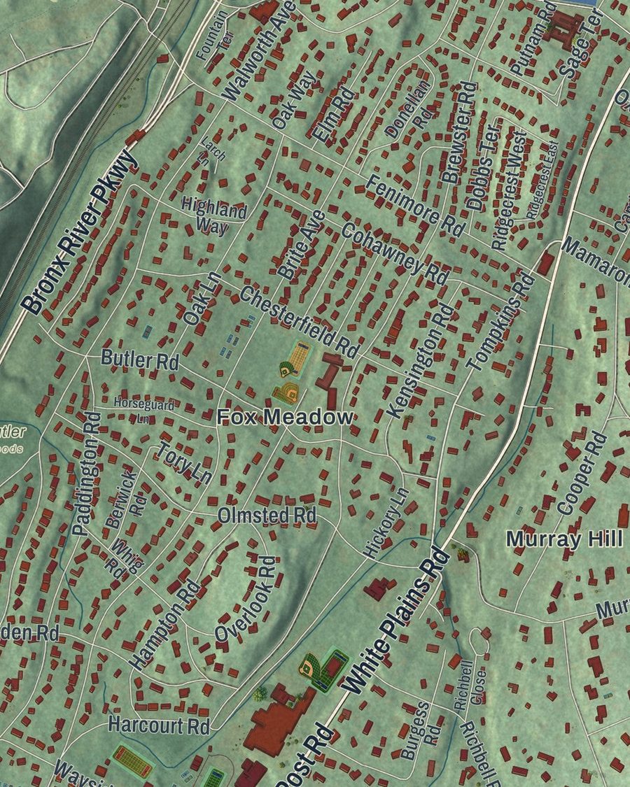 Close-up of Town of Scarsdale streets on the map