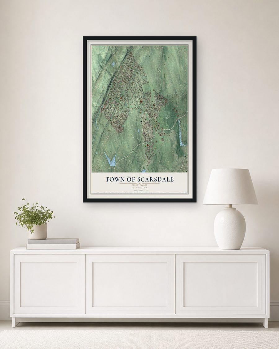 The Town of Scarsdale, New York map, 24 x 36 in, in a black wood frame on a living room wall