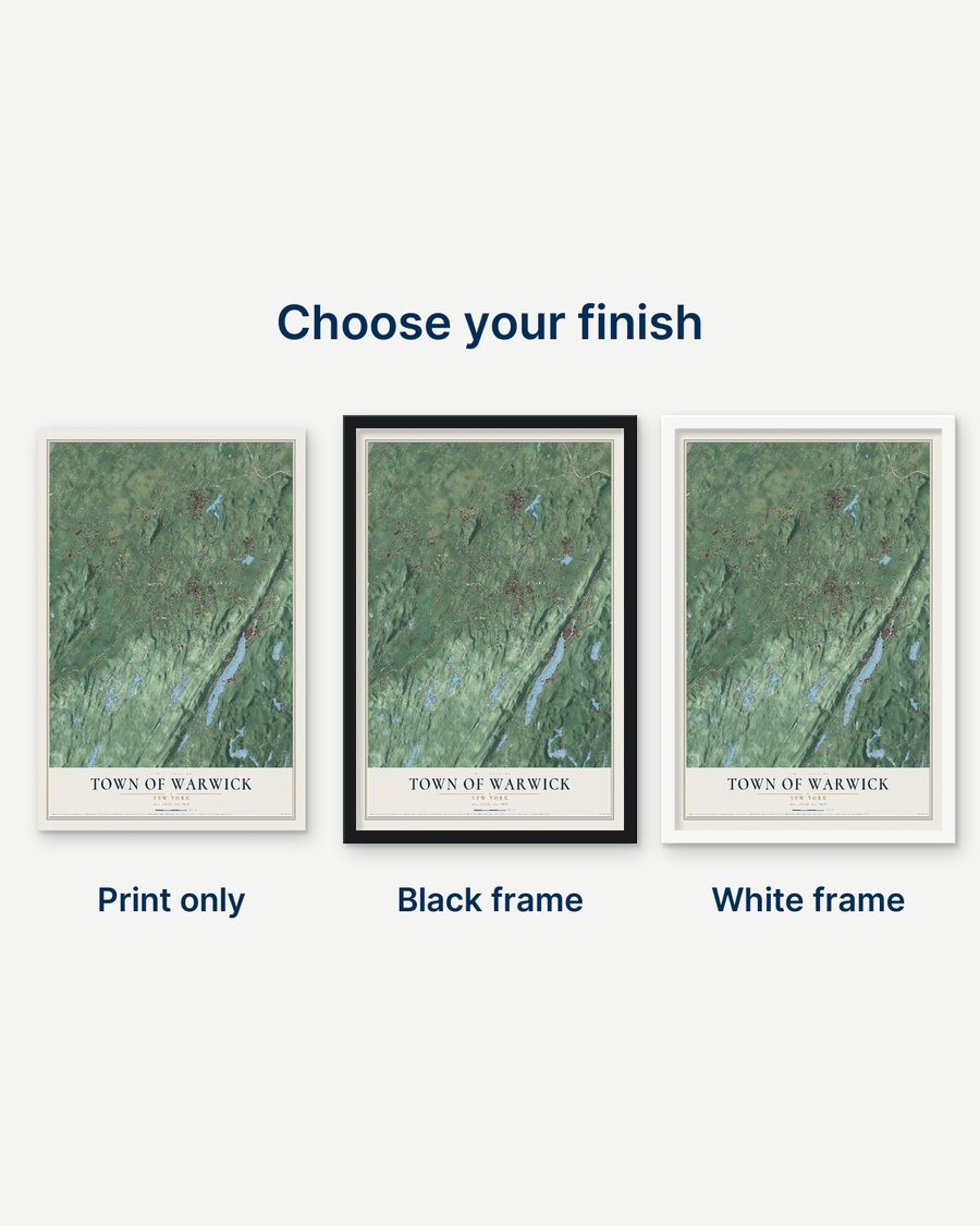 The Town of Warwick, New York map as a print only, in a black frame and in a white frame