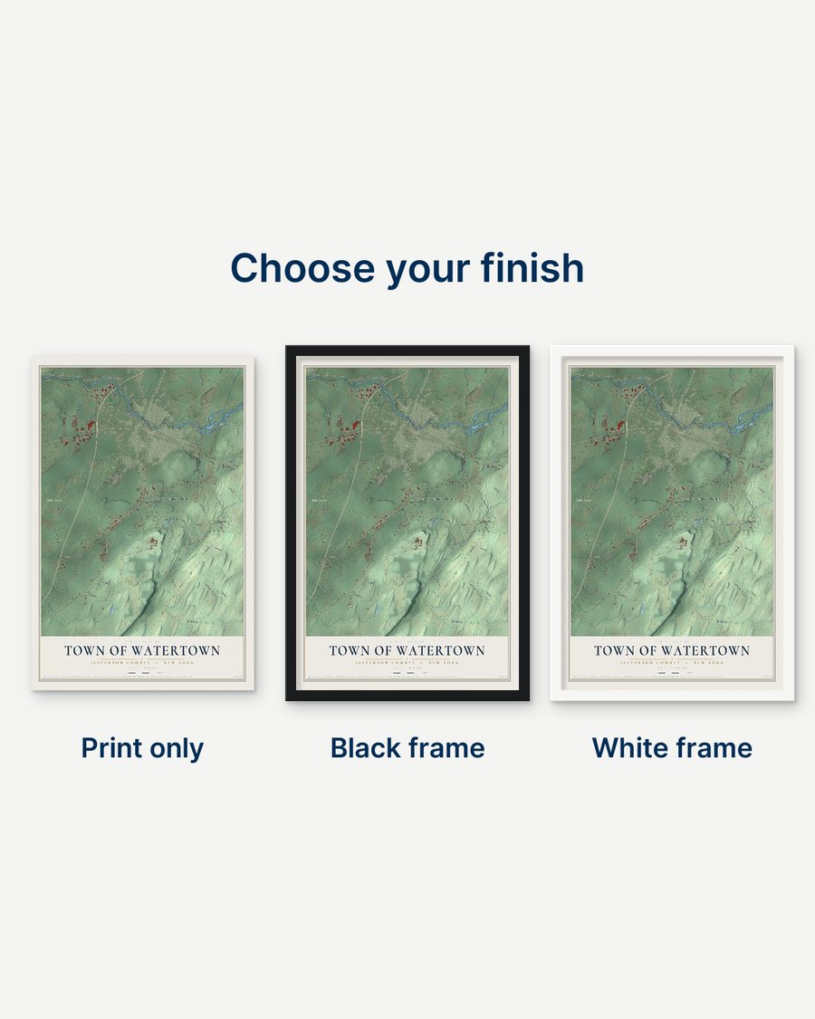 The Town of Watertown, Jefferson County, New York map as a print only, in a black frame and in a white frame