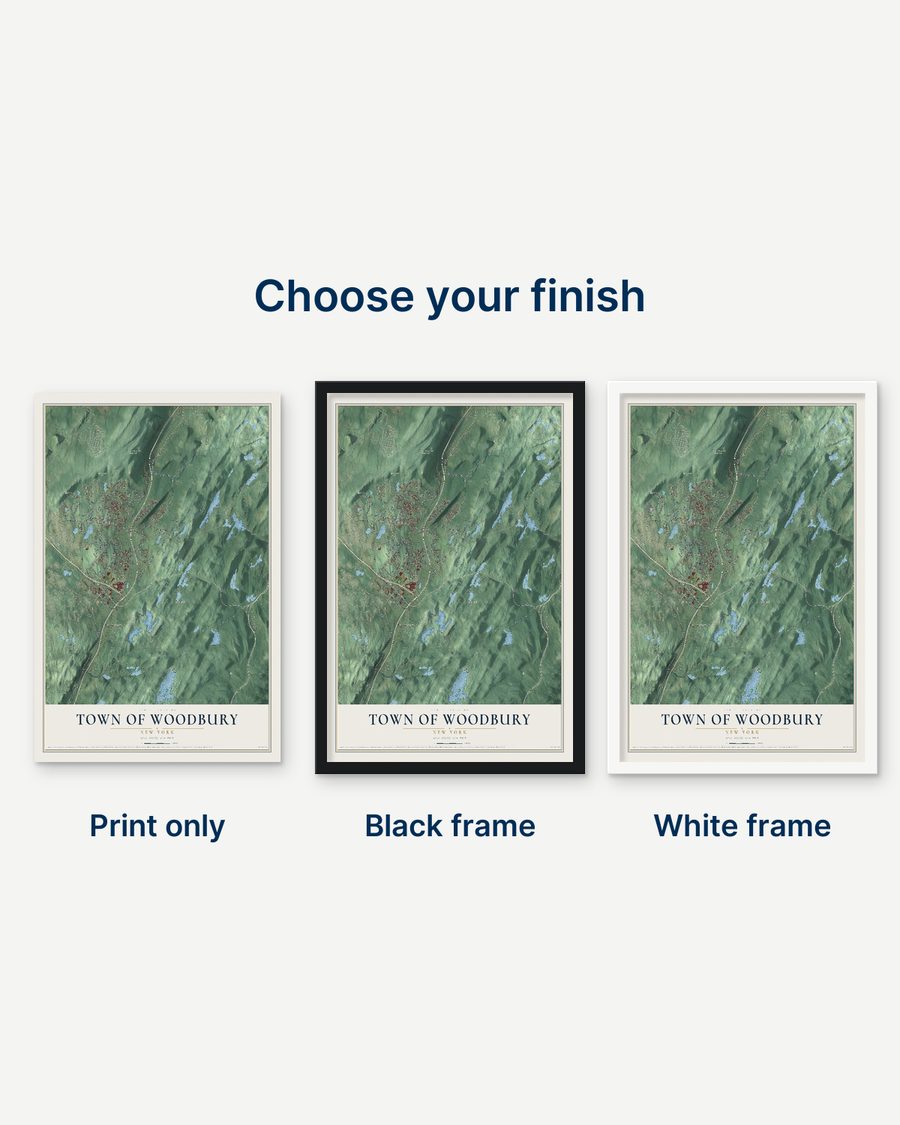 The Town of Woodbury, New York map as a print only, in a black frame and in a white frame