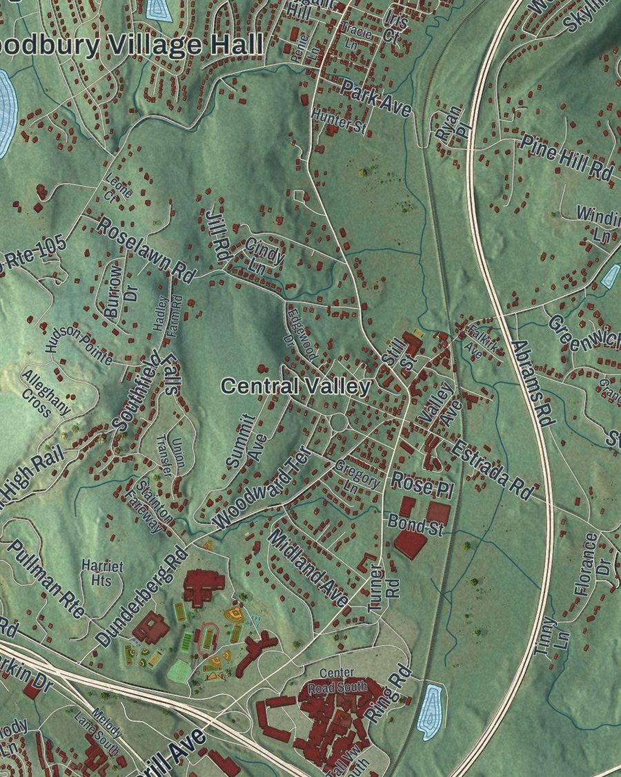 Close-up of Town of Woodbury streets on the map