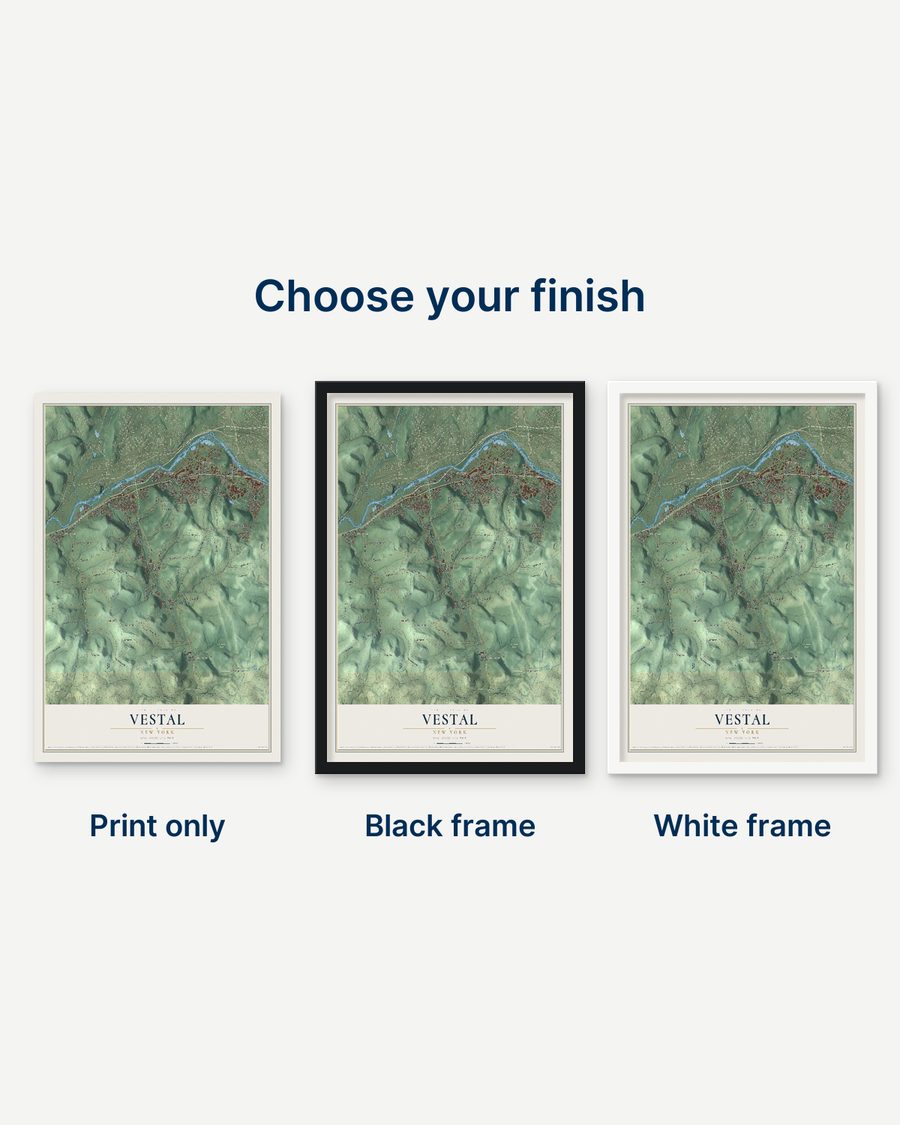 The Vestal, New York map as a print only, in a black frame and in a white frame
