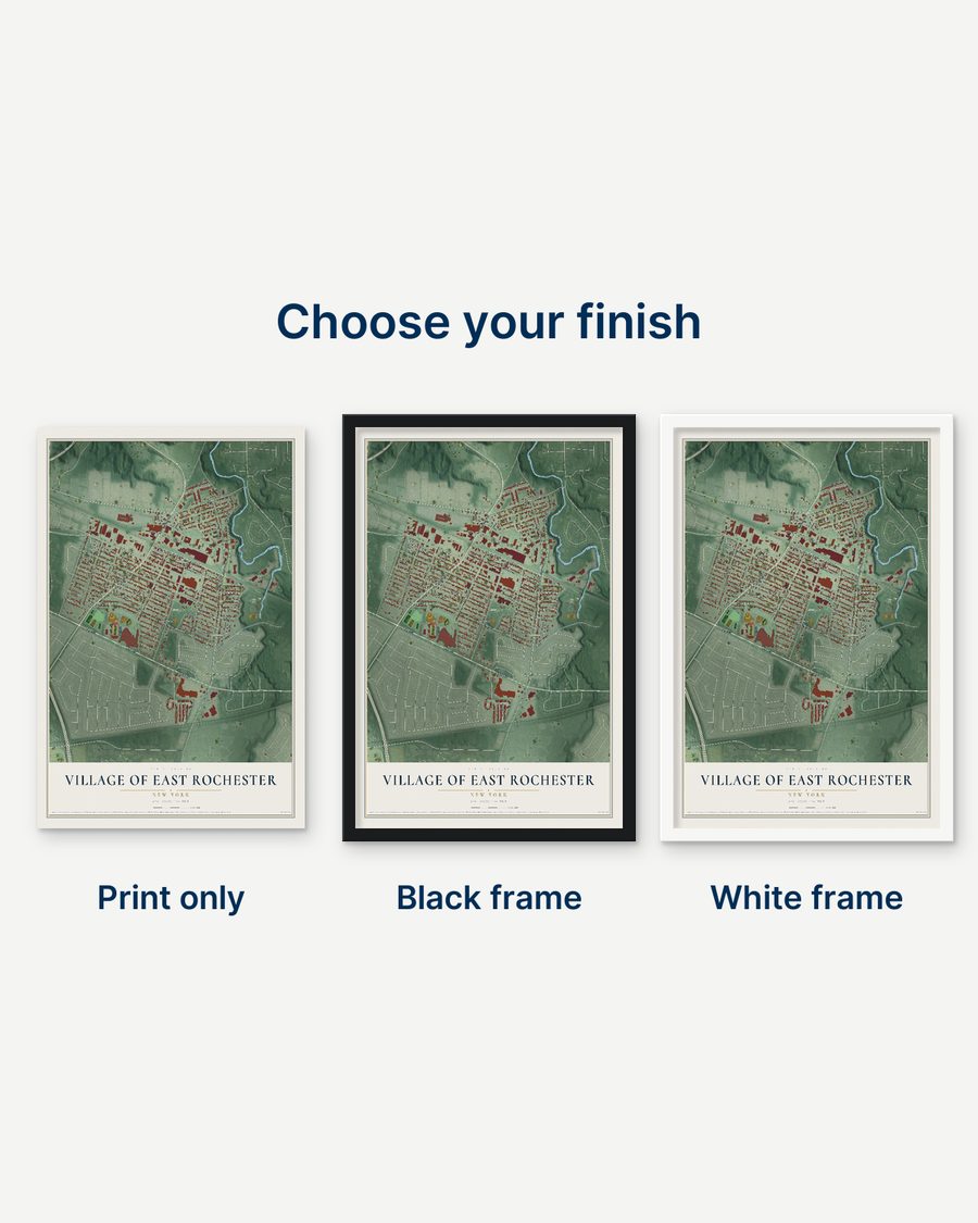 The Village of East Rochester, New York map as a print only, in a black frame and in a white frame