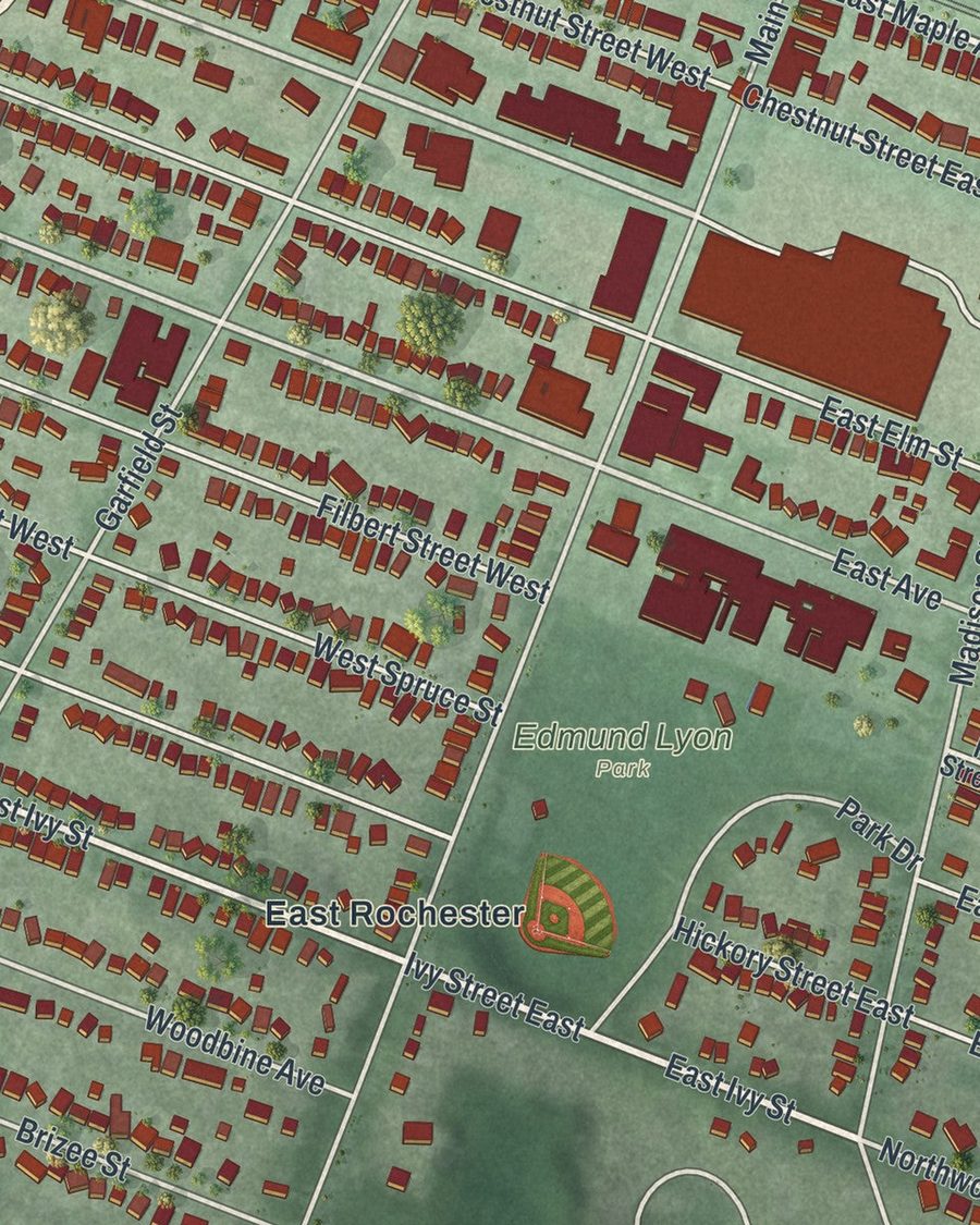 Close-up of Village of East Rochester streets on the map