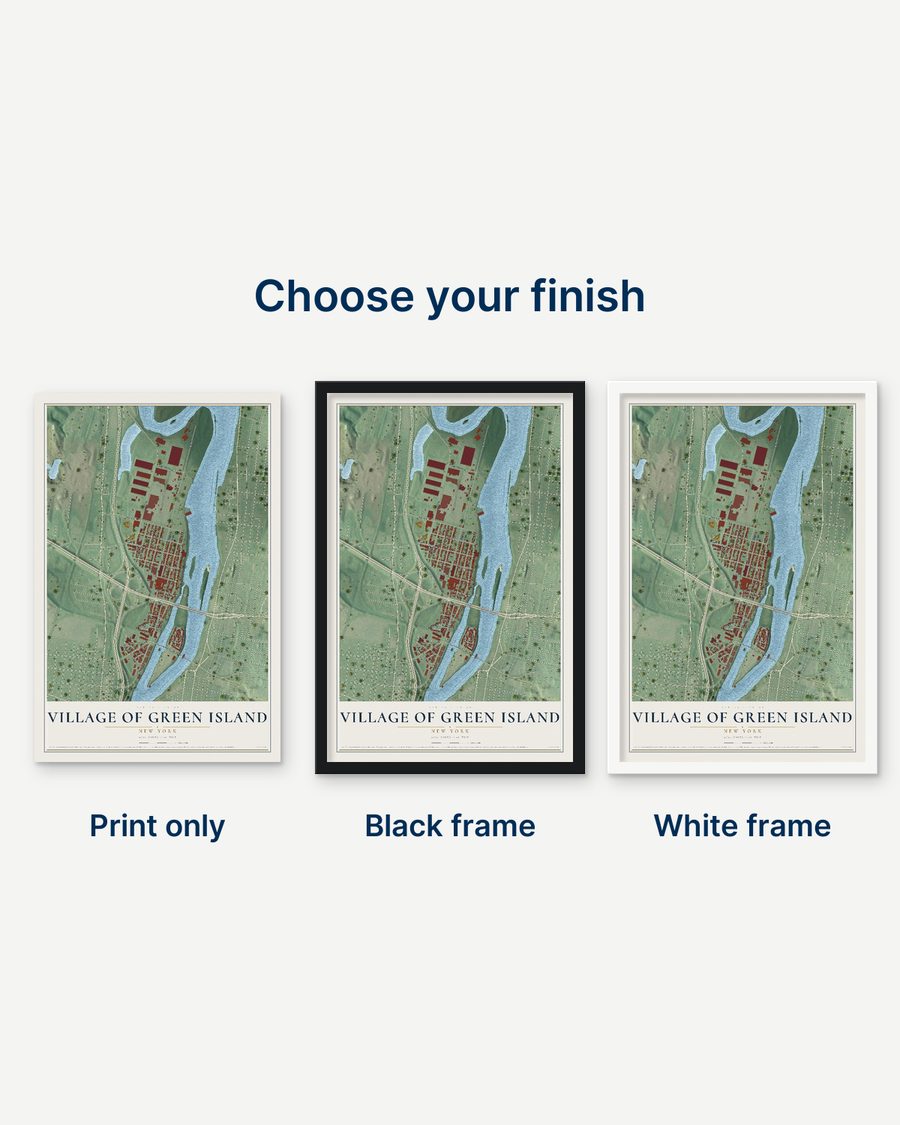 The Village of Green Island, New York map as a print only, in a black frame and in a white frame