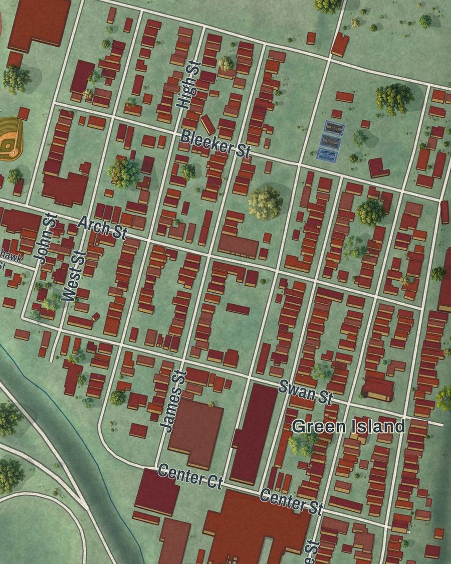 Close-up of Village of Green Island streets on the map