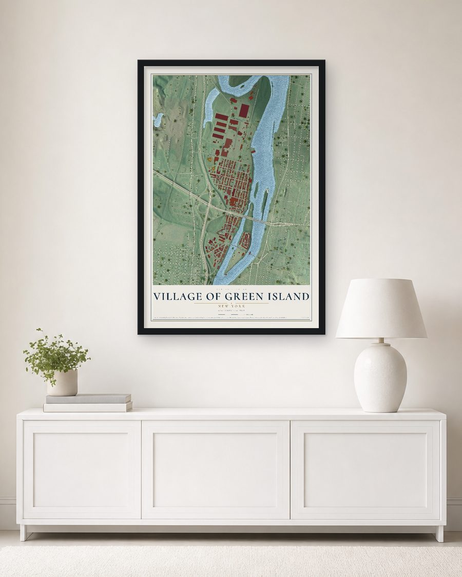 The Village of Green Island, New York map, 24 x 36 in, in a black wood frame on a living room wall
