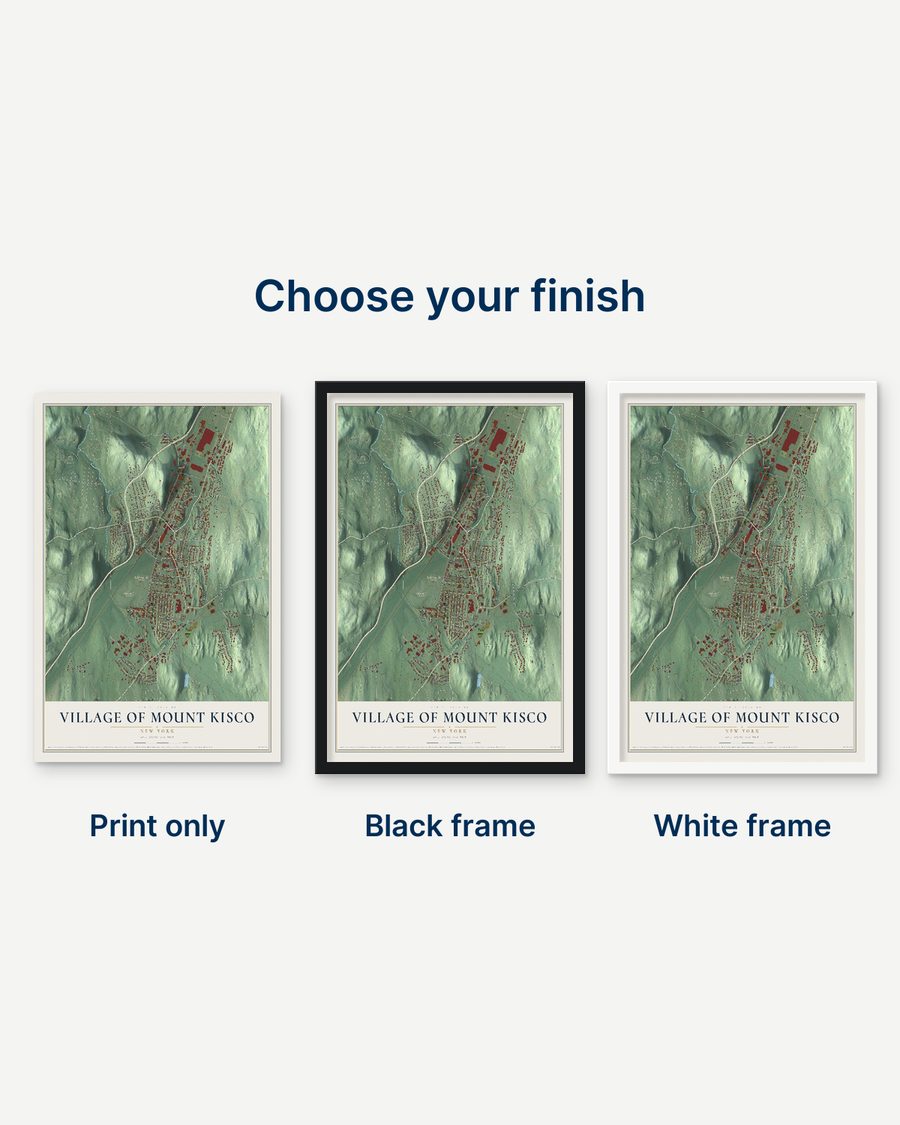 The Village of Mount Kisco, New York map as a print only, in a black frame and in a white frame