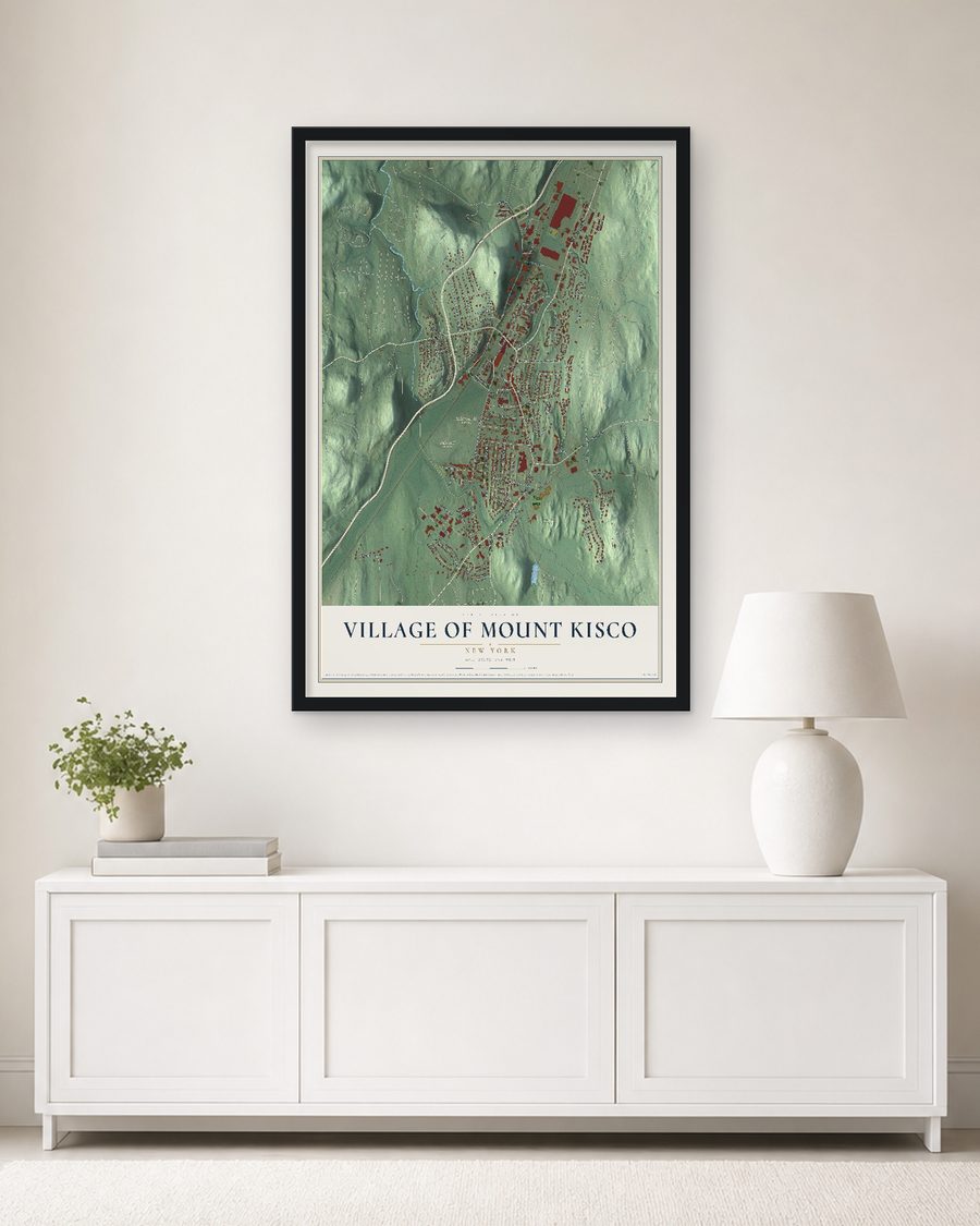 The Village of Mount Kisco, New York map, 24 x 36 in, in a black wood frame on a living room wall