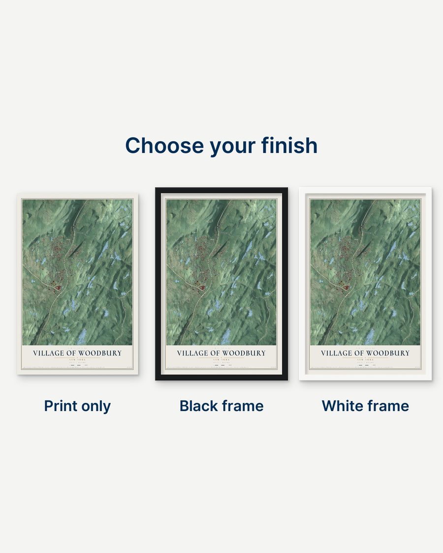 The Village of Woodbury, New York map as a print only, in a black frame and in a white frame
