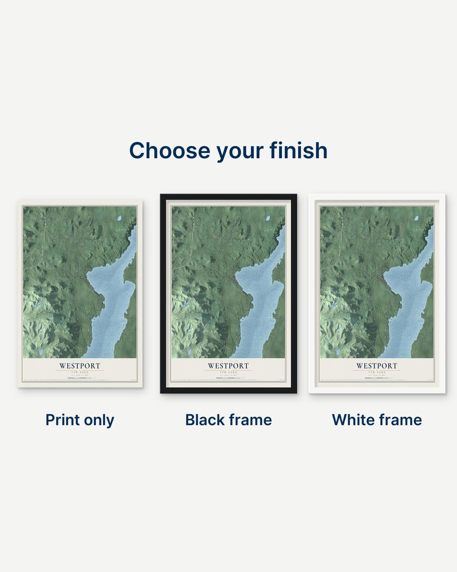 The Westport, New York map as a print only, in a black frame and in a white frame