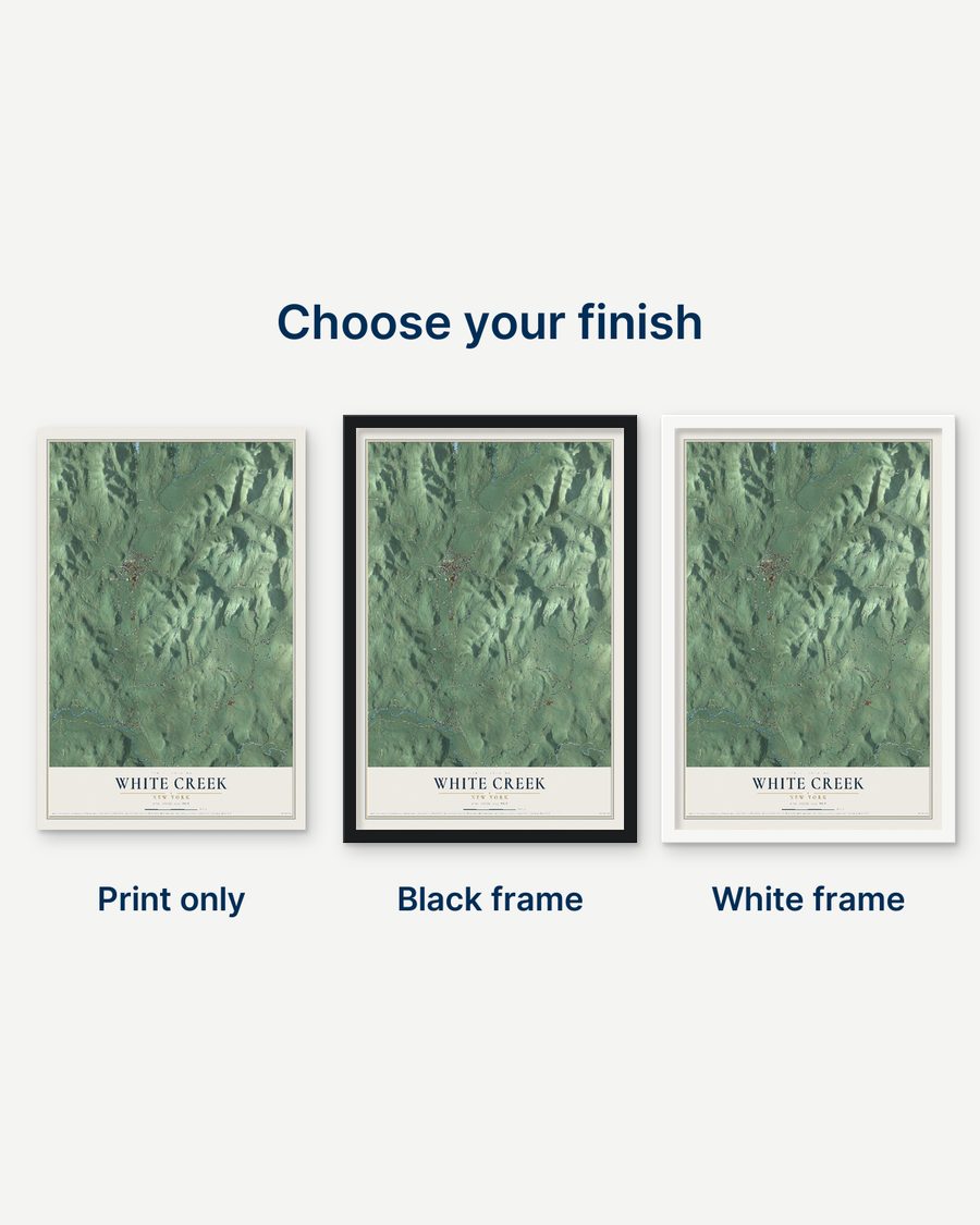 The White Creek, New York map as a print only, in a black frame and in a white frame
