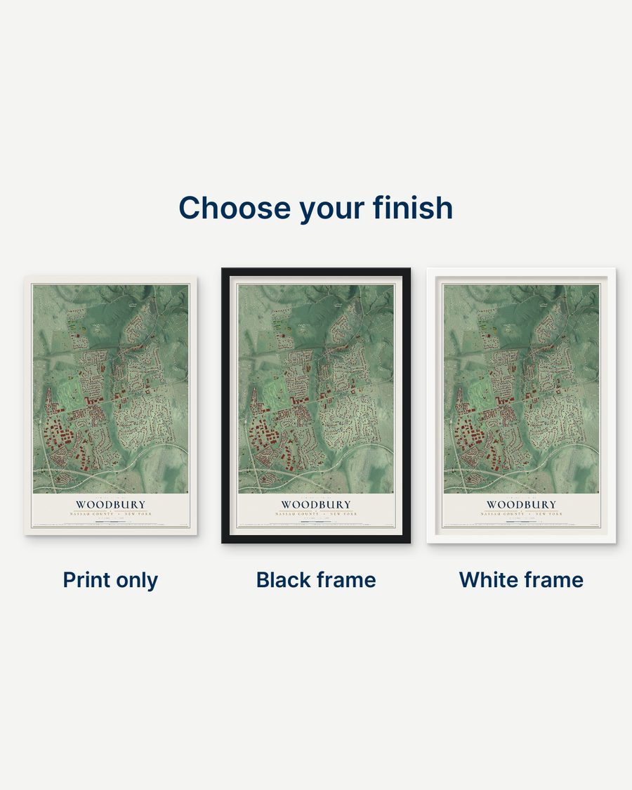 The Woodbury, Nassau County, New York map as a print only, in a black frame and in a white frame