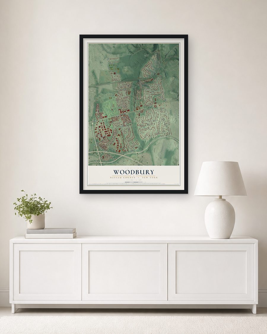The Woodbury, Nassau County, New York map, 24 x 36 in, in a black wood frame on a living room wall