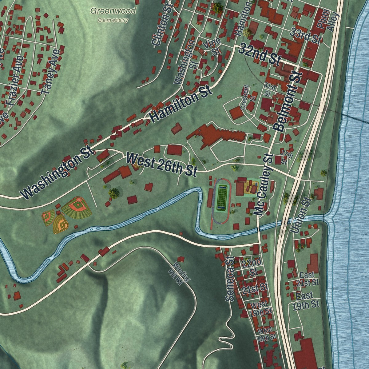 Second close-up of the Bellaire, Ohio map print showing more streets and buildings