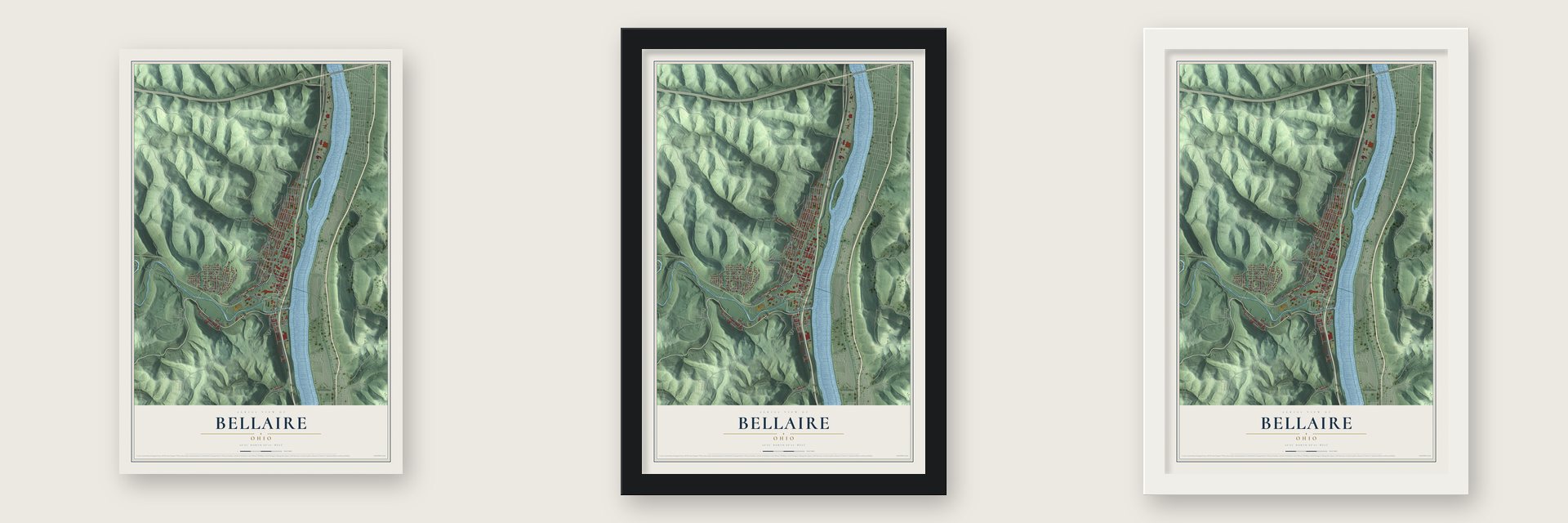 Bellaire, Ohio map unframed, in a black wood frame and in a white wood frame