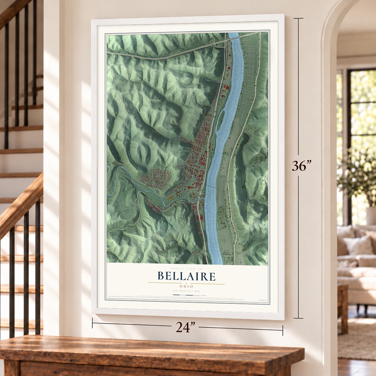 Bellaire, Ohio map, 24 x 36 inch print in a white frame by a staircase