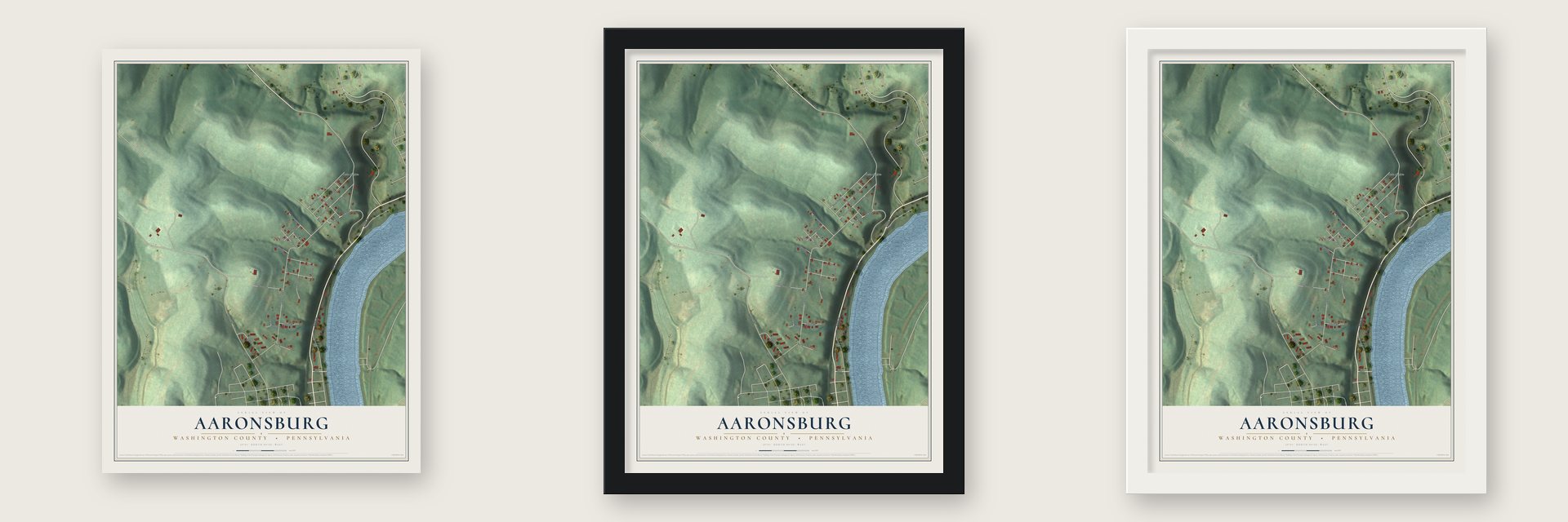 Aaronsburg, Washington County, Pennsylvania map unframed, in a black wood frame and in a white wood frame
