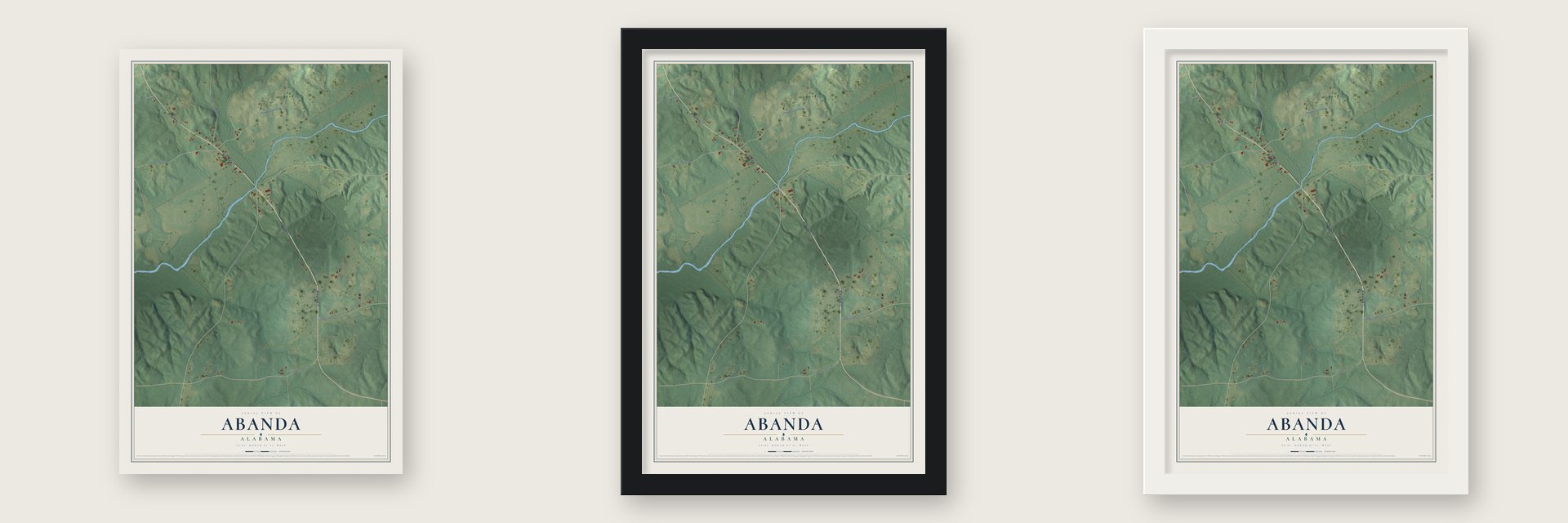 Abanda, Alabama map unframed, in a black wood frame and in a white wood frame