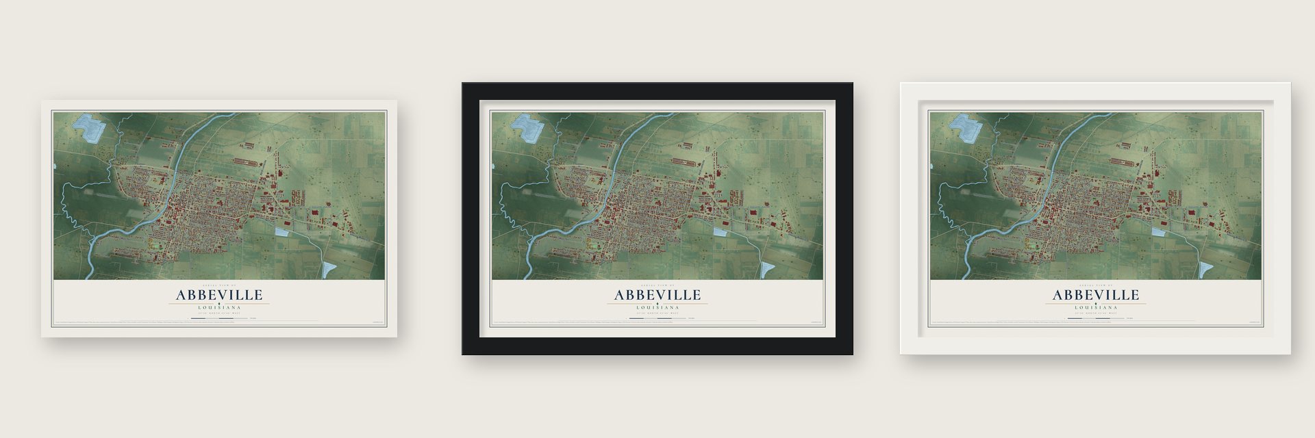 Abbeville, Louisiana map unframed, in a black wood frame and in a white wood frame