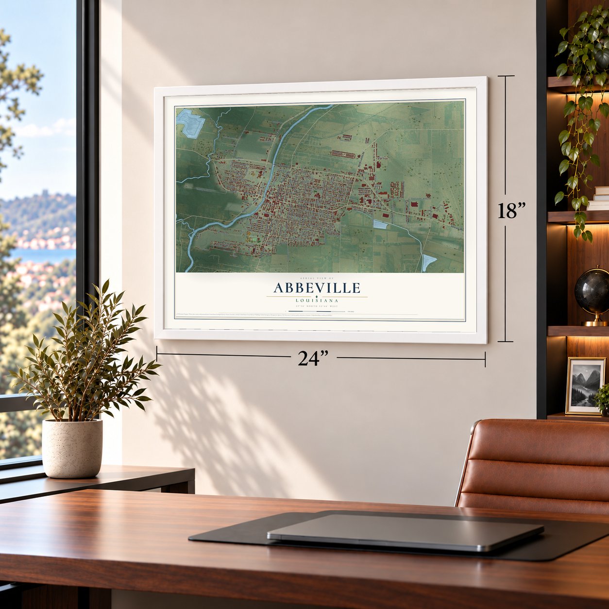 Abbeville, Louisiana map, 18 x 24 inch print in a white frame in a home office