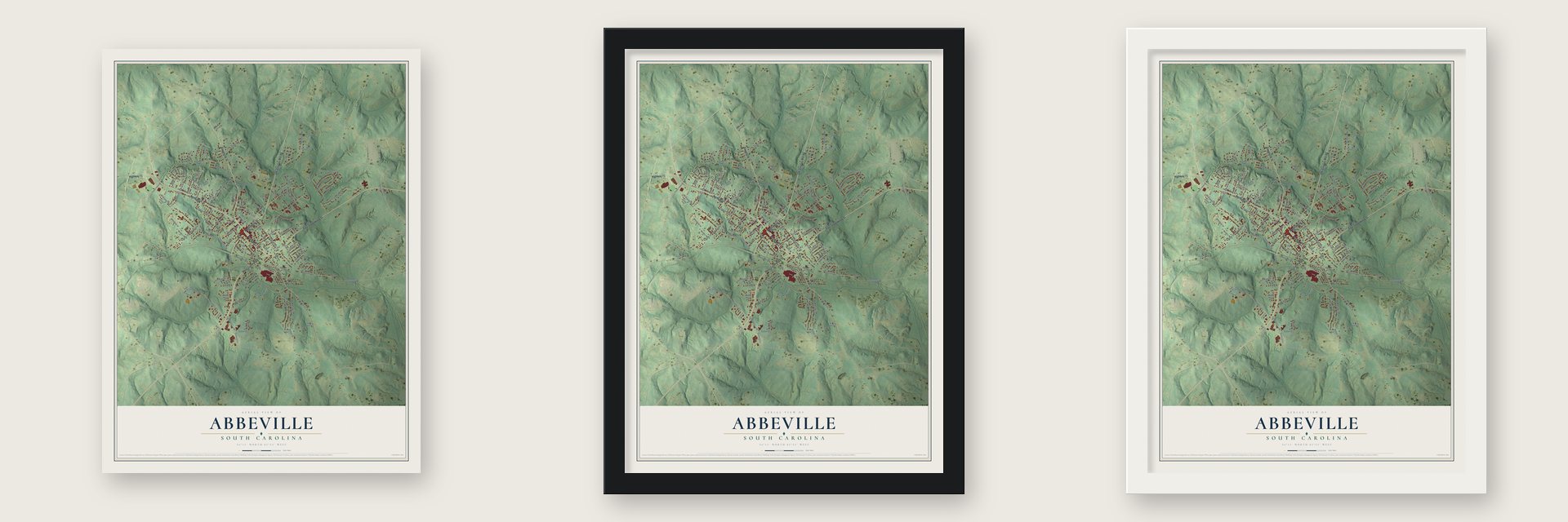 Abbeville, South Carolina map unframed, in a black wood frame and in a white wood frame