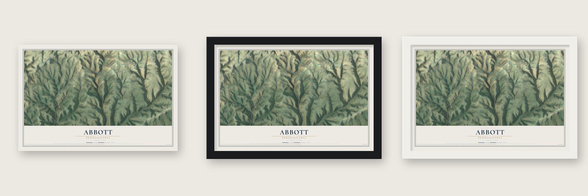 Abbott, Pennsylvania map unframed, in a black wood frame and in a white wood frame