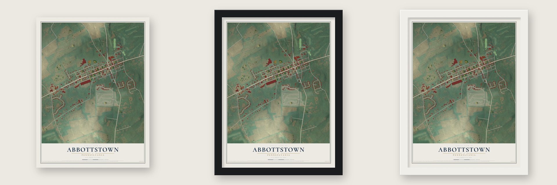 Abbottstown, Pennsylvania map unframed, in a black wood frame and in a white wood frame