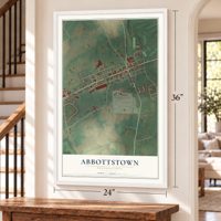 Abbottstown, Pennsylvania map, 24 x 36 inch print in a white frame by a staircase