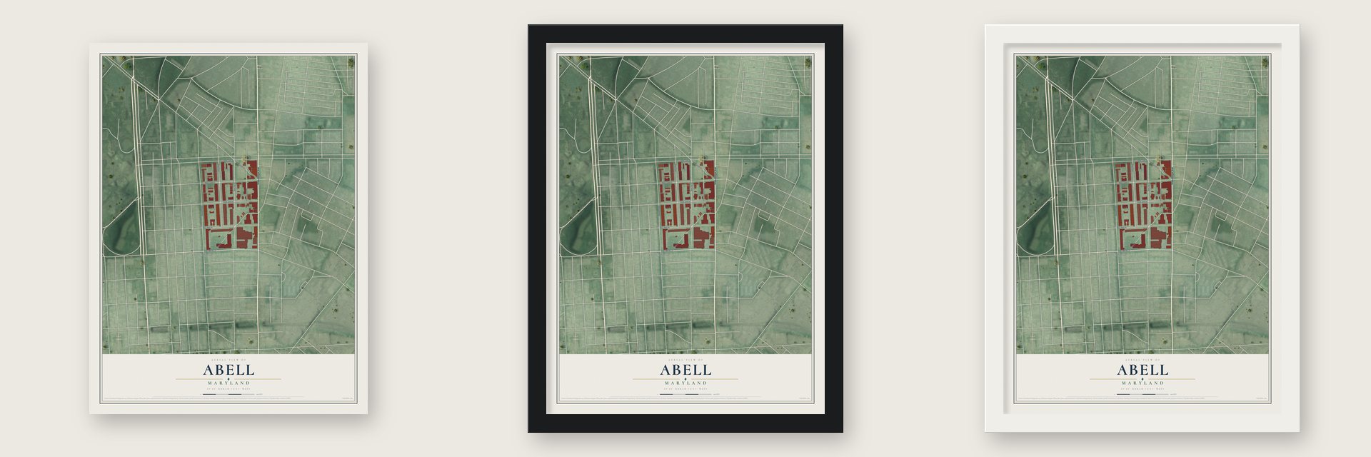Abell, Maryland map unframed, in a black wood frame and in a white wood frame