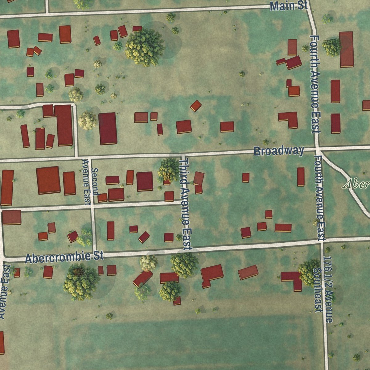 Second close-up of the map of Abercrombie, North Dakota print showing more streets and buildings