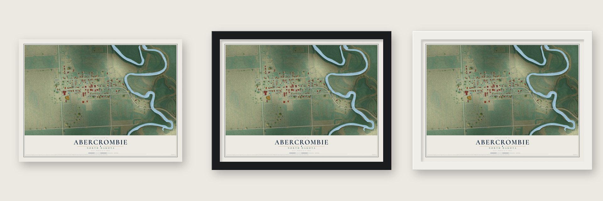 Abercrombie, North Dakota map unframed, in a black wood frame and in a white wood frame