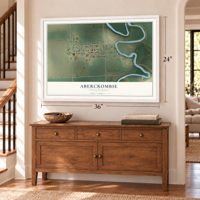 Abercrombie, North Dakota map, 24 x 36 inch print in a white frame above a dresser by a staircase