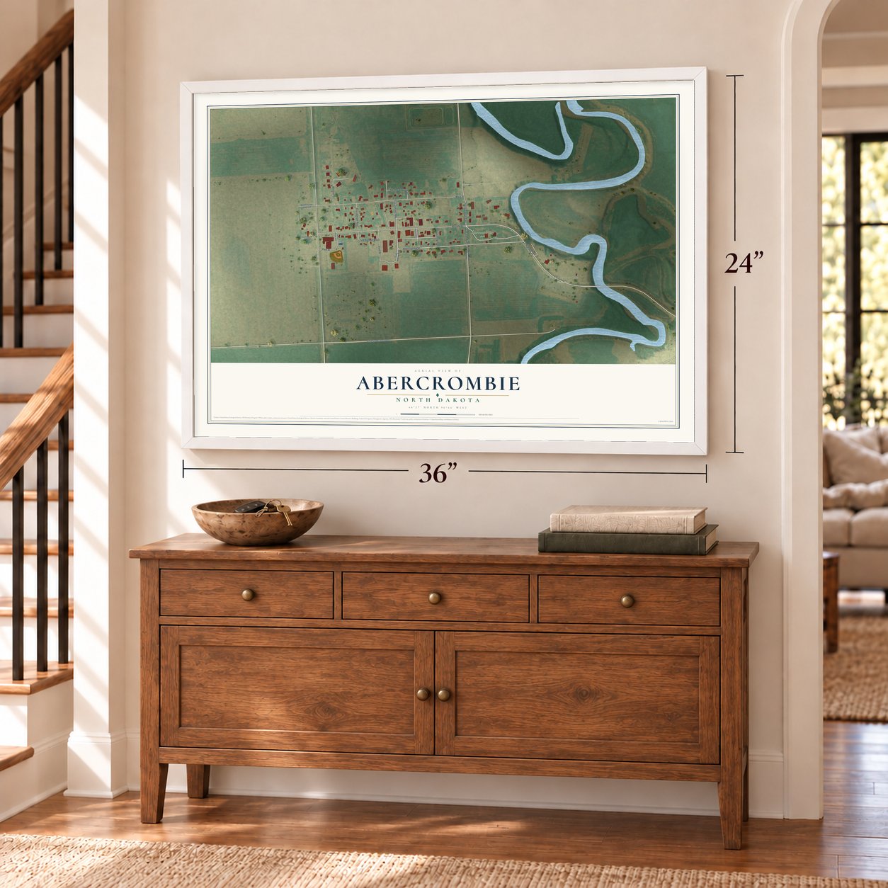 Abercrombie, North Dakota map, 24 x 36 inch print in a white frame above a dresser by a staircase