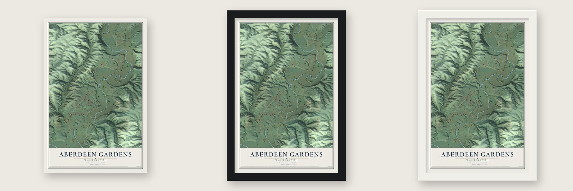 Aberdeen Gardens, Washington map unframed, in a black wood frame and in a white wood frame