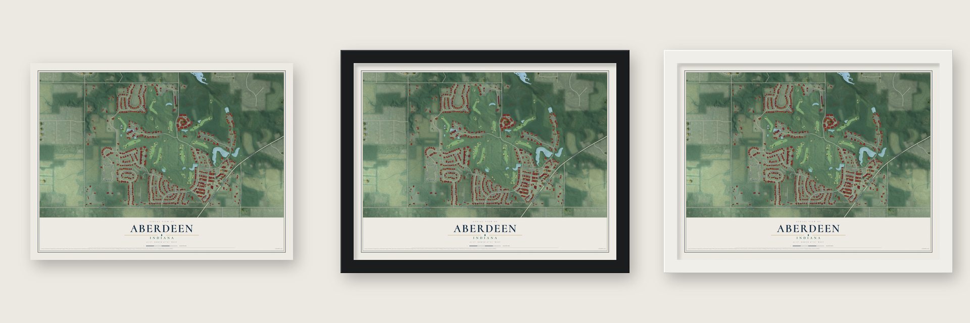 Aberdeen, Indiana map unframed, in a black wood frame and in a white wood frame