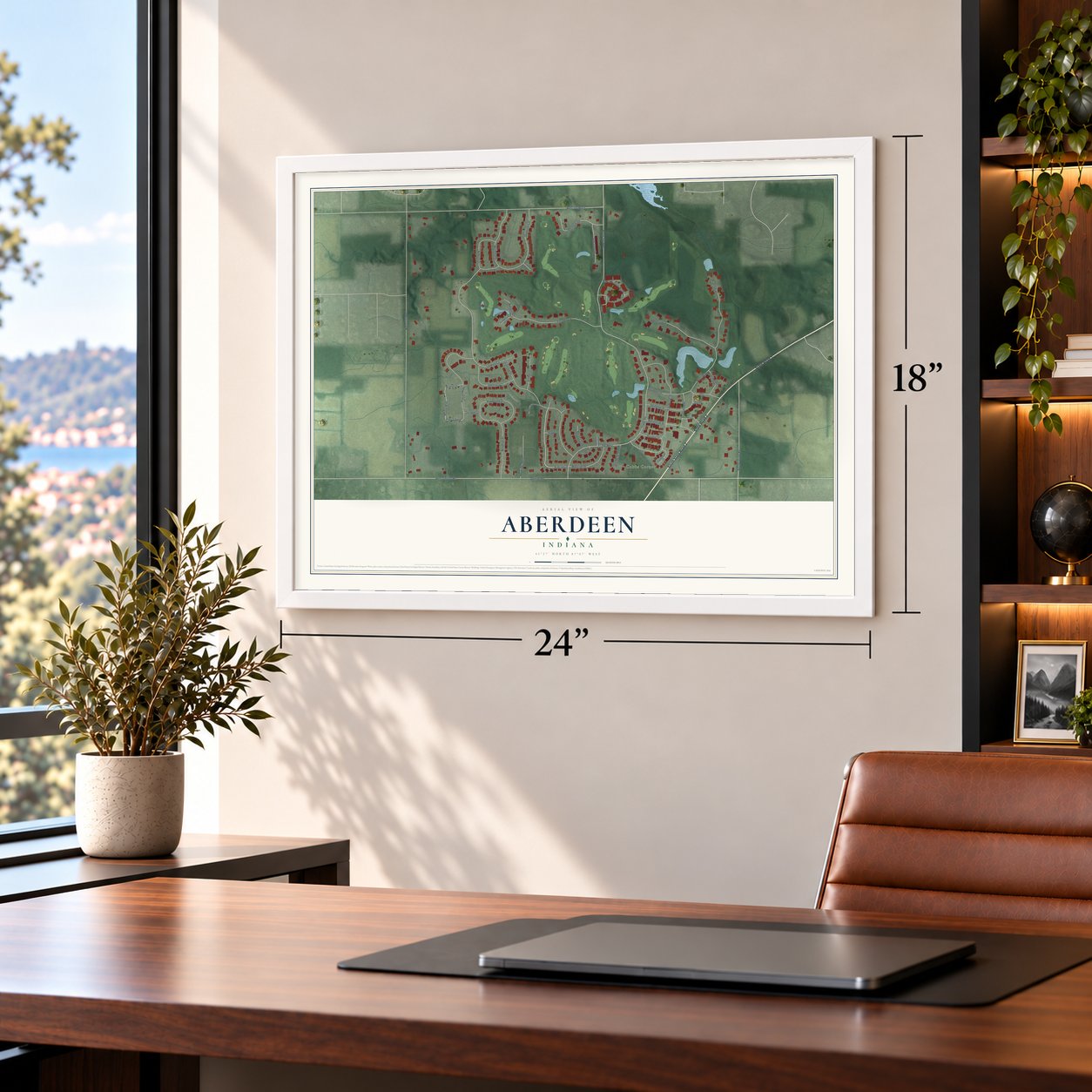 Aberdeen, Indiana map, 18 x 24 inch print in a white frame in a home office