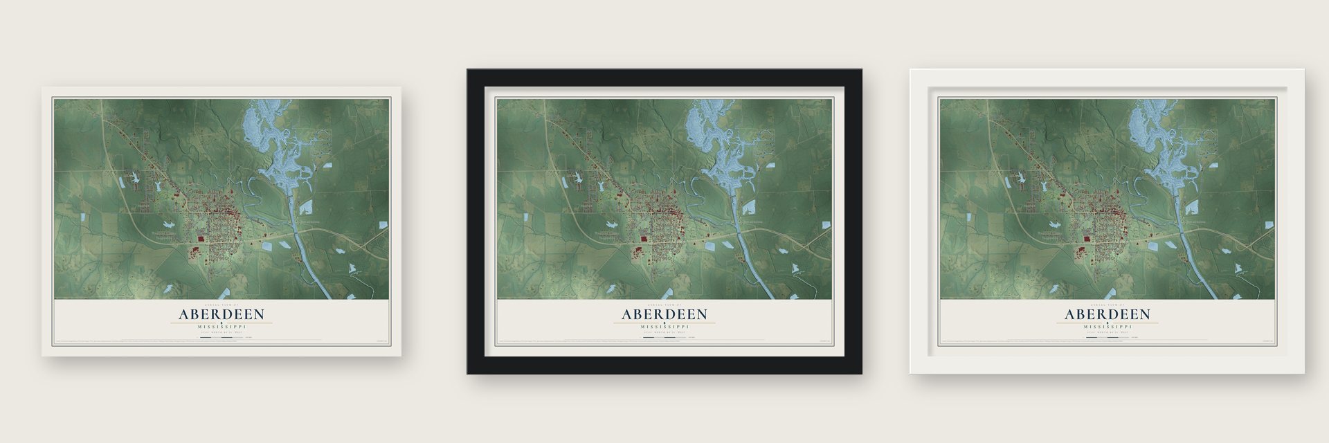Aberdeen, Mississippi map unframed, in a black wood frame and in a white wood frame