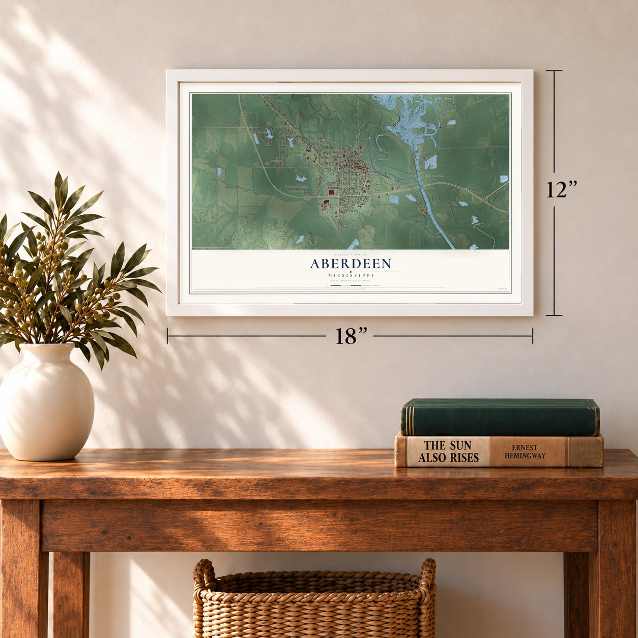 Aberdeen, Mississippi map, 12 x 18 inch print in a white frame in an entryway