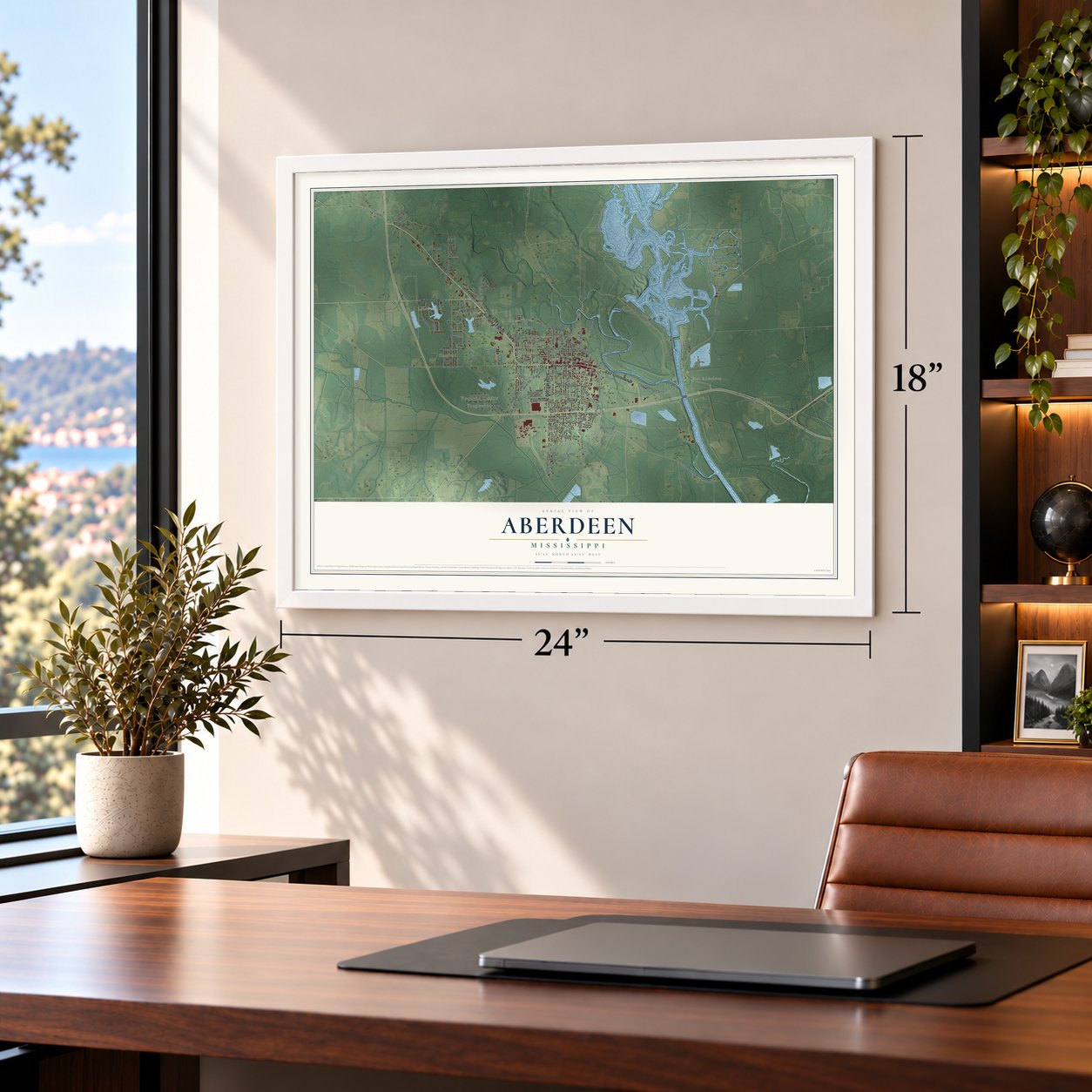 Aberdeen, Mississippi map, 18 x 24 inch print in a white frame in a home office