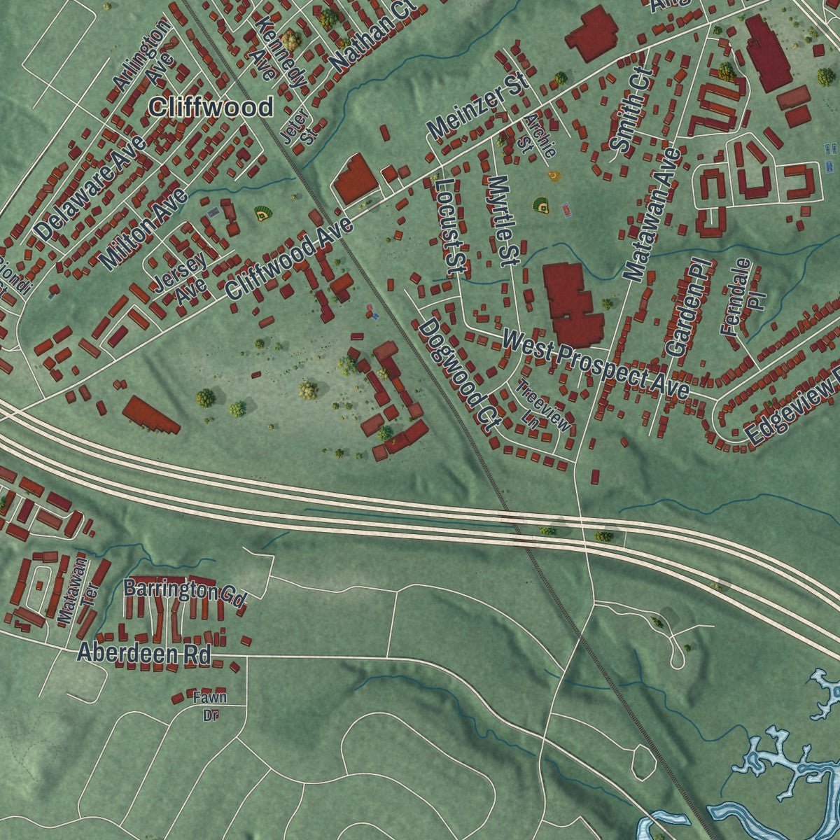 Second close-up of the map of Aberdeen, New Jersey print showing more streets and buildings